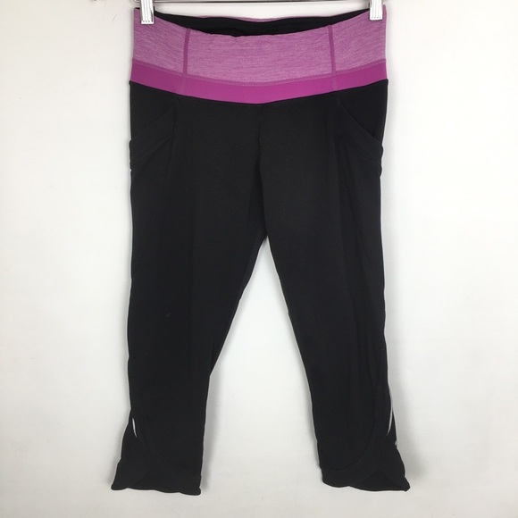Lululemon Capri Leggings Tulip Hem Black Pink Stretchy Athletic Workout Pants - Picture 1 of 14
